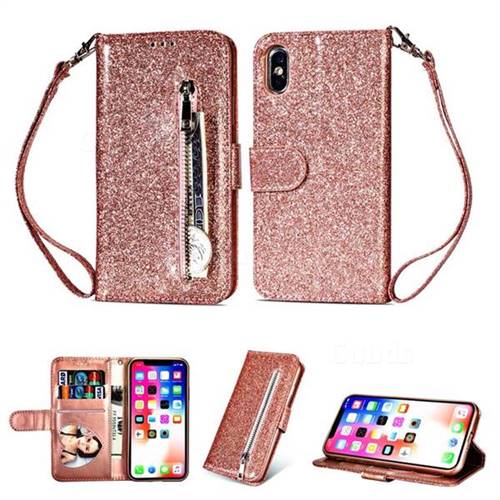 Glitter Shine Leather Zipper Wallet Phone Case for iPhone XS / iPhone X(5.8 inch) - Pink