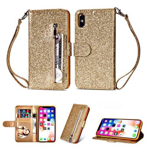 Glitter Shine Leather Zipper Wallet Phone Case for iPhone XS / iPhone X(5.8 inch) - Gold