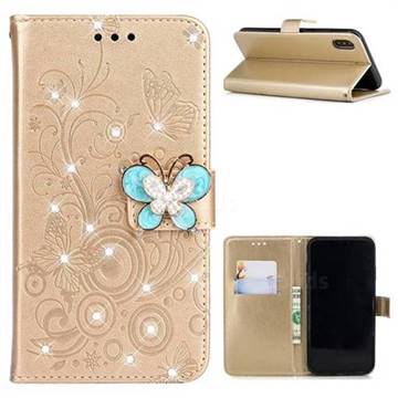 Embossing Butterfly Circle Rhinestone Leather Wallet Case for iPhone XS / iPhone X(5.8 inch) - Champagne