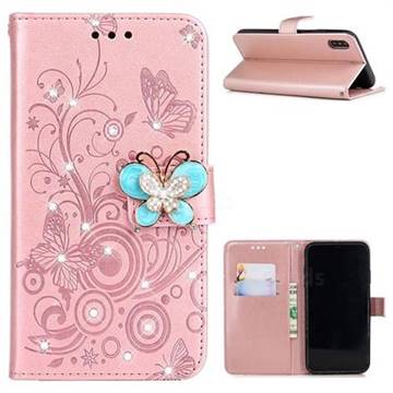 Embossing Butterfly Circle Rhinestone Leather Wallet Case for iPhone XS / iPhone X(5.8 inch) - Rose Gold