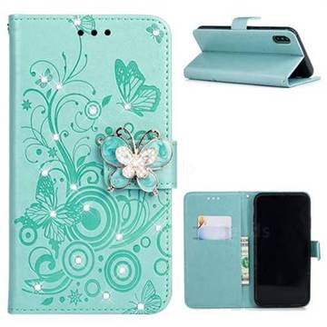 Embossing Butterfly Circle Rhinestone Leather Wallet Case for iPhone XS / iPhone X(5.8 inch) - Cyan