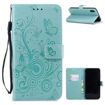 Intricate Embossing Butterfly Circle Leather Wallet Case for iPhone XS / iPhone X(5.8 inch) - Cyan