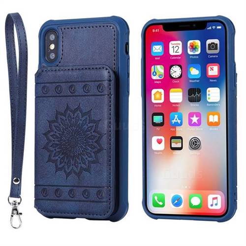 Luxury Embossing Sunflower Multifunction Leather Back Cover for iPhone XS / iPhone X(5.8 inch) - Blue