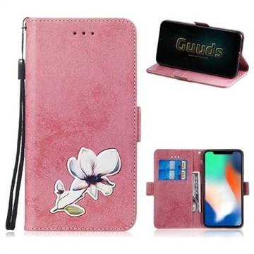 Retro Leather Phone Wallet Case with Aluminum Alloy Patch for iPhone XS / iPhone X(5.8 inch) - Pink