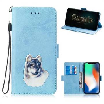 Retro Leather Phone Wallet Case with Aluminum Alloy Patch for iPhone XS / iPhone X(5.8 inch) - Light Blue