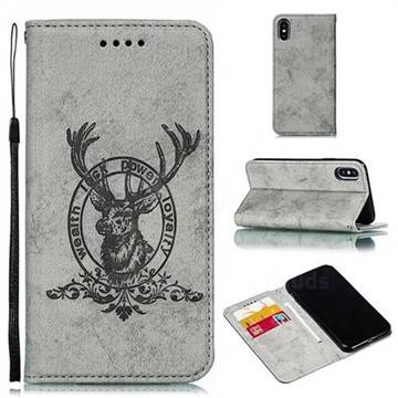 Retro Intricate Embossing Elk Seal Leather Wallet Case for iPhone XS / iPhone X(5.8 inch) - Gray