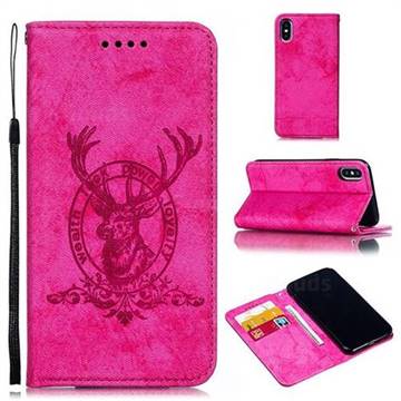 Retro Intricate Embossing Elk Seal Leather Wallet Case for iPhone XS / iPhone X(5.8 inch) - Rose