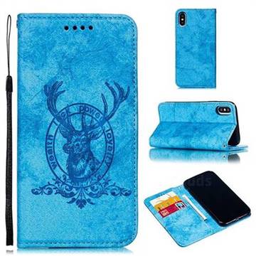 Retro Intricate Embossing Elk Seal Leather Wallet Case for iPhone XS / iPhone X(5.8 inch) - Blue