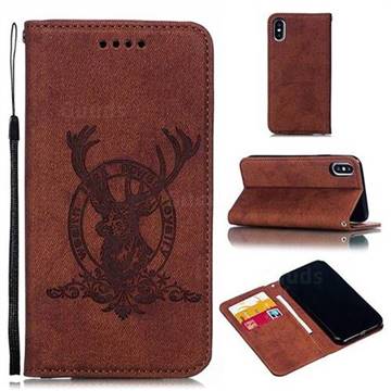 Retro Intricate Embossing Elk Seal Leather Wallet Case for iPhone XS / iPhone X(5.8 inch) - Brown