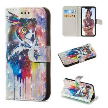 Watercolor Owl 3D Painted Leather Wallet Phone Case for iPhone XS / iPhone X(5.8 inch)