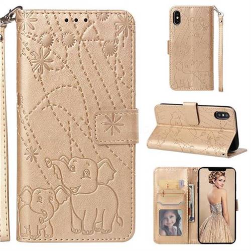 Embossing Fireworks Elephant Leather Wallet Case for iPhone XS / iPhone X(5.8 inch) - Golden