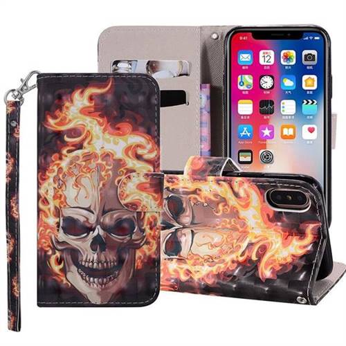 Flame Skull 3D Painted Leather Phone Wallet Case Cover for iPhone XS / iPhone X(5.8 inch)