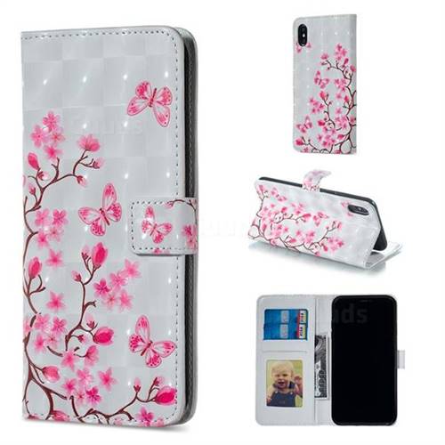 Butterfly Sakura Flower 3D Painted Leather Phone Wallet Case for iPhone XS / iPhone X(5.8 inch)