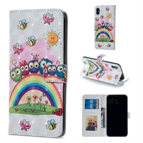 Rainbow Owl Family 3D Painted Leather Phone Wallet Case for iPhone XS / iPhone X(5.8 inch)
