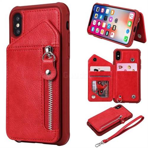 Classic Luxury Buckle Zipper Anti-fall Leather Phone Back Cover for iPhone XS / iPhone X(5.8 inch) - Red