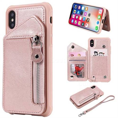 Classic Luxury Buckle Zipper Anti-fall Leather Phone Back Cover for iPhone XS / iPhone X(5.8 inch) - Pink