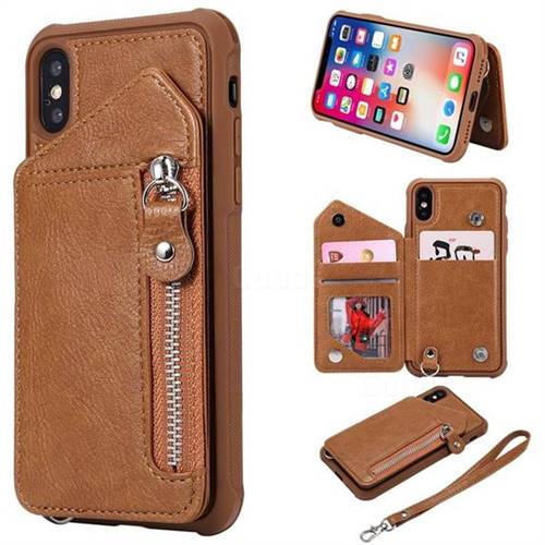 Classic Luxury Buckle Zipper Anti-fall Leather Phone Back Cover for iPhone XS / iPhone X(5.8 inch) - Brown