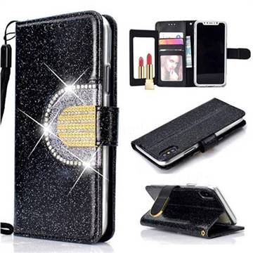 Glitter Diamond Buckle Splice Mirror Leather Wallet Phone Case for iPhone XS / iPhone X(5.8 inch) - Black
