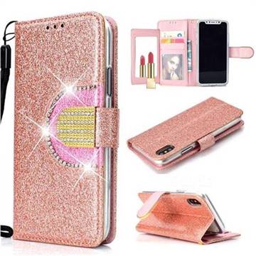 Glitter Diamond Buckle Splice Mirror Leather Wallet Phone Case for iPhone XS / iPhone X(5.8 inch) - Rose Gold