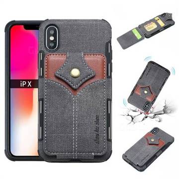 Maple Pattern Canvas Multi-function Leather Phone Back Cover for iPhone XS / iPhone X(5.8 inch) - Black