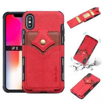 Maple Pattern Canvas Multi-function Leather Phone Back Cover for iPhone XS / iPhone X(5.8 inch) - Red