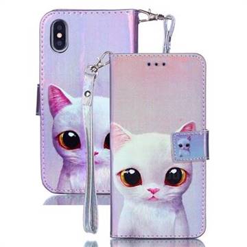 White Cat Blue Ray Light PU Leather Wallet Case for iPhone XS / iPhone X(5.8 inch)