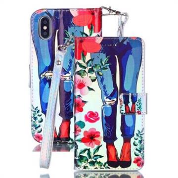 Jeans Flower Blue Ray Light PU Leather Wallet Case for iPhone XS / iPhone X(5.8 inch)