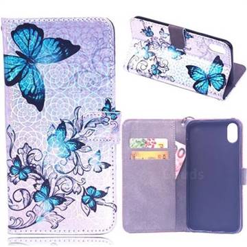 Blue Butterfly Laser Light PU Leather Wallet Case for iPhone XS / iPhone X(5.8 inch)