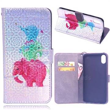 Elephant Family Laser Light PU Leather Wallet Case for iPhone XS / iPhone X(5.8 inch)