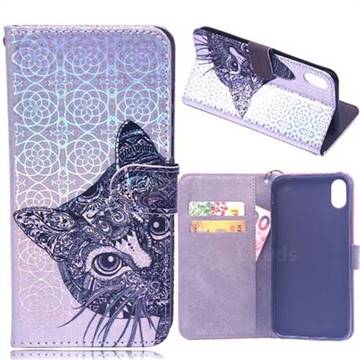 Met Tattoo Cat Laser Light PU Leather Wallet Case for iPhone XS / iPhone X(5.8 inch)