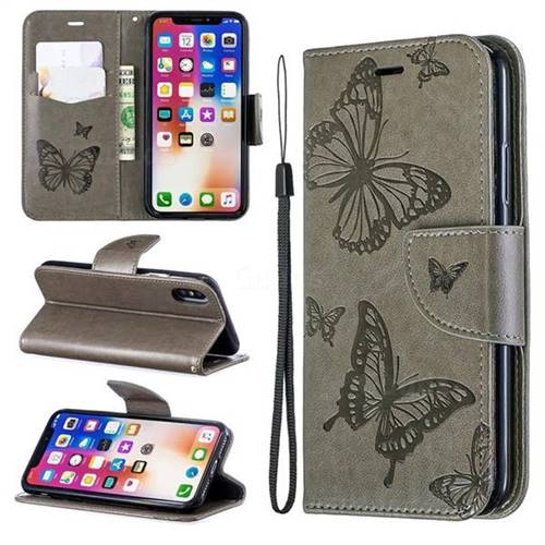 Embossing Double Butterfly Leather Wallet Case for iPhone XS / iPhone X(5.8 inch) - Gray