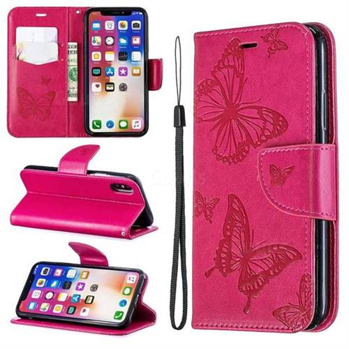 Embossing Double Butterfly Leather Wallet Case for iPhone XS / iPhone X(5.8 inch) - Red