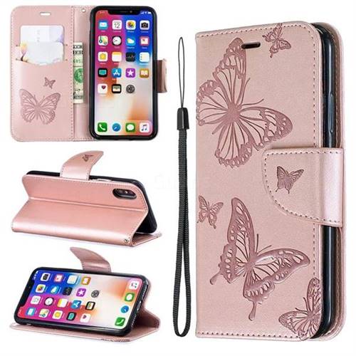 Embossing Double Butterfly Leather Wallet Case for iPhone XS / iPhone X(5.8 inch) - Rose Gold