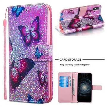 Blue Butterfly Sequins Painted Leather Wallet Case for iPhone XS / iPhone X(5.8 inch)