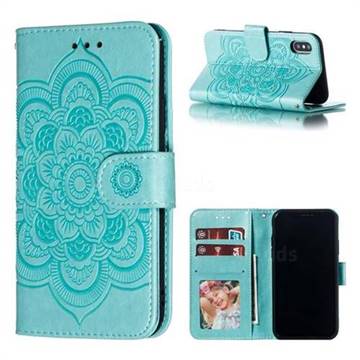 Intricate Embossing Datura Solar Leather Wallet Case for iPhone XS / iPhone X(5.8 inch) - Green
