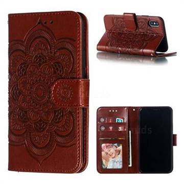 Intricate Embossing Datura Solar Leather Wallet Case for iPhone XS / iPhone X(5.8 inch) - Brown