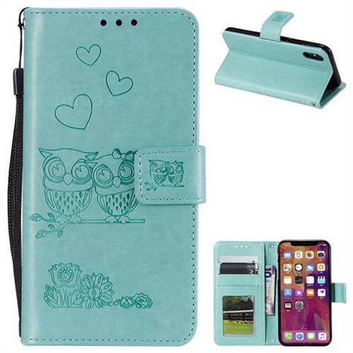 Embossing Owl Couple Flower Leather Wallet Case for iPhone XS / iPhone X(5.8 inch) - Green