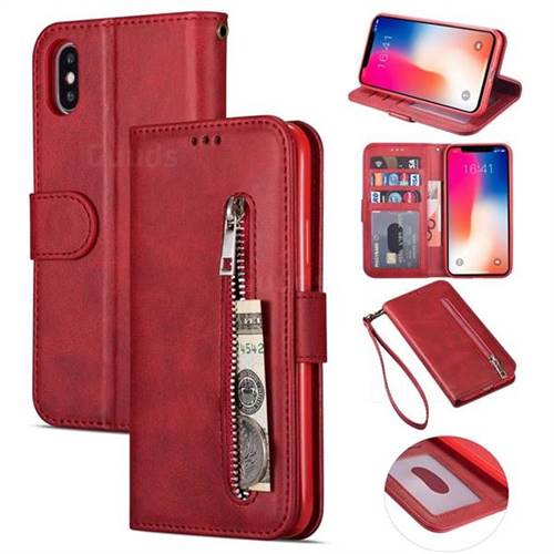 Retro Calfskin Zipper Leather Wallet Case Cover for iPhone XS / iPhone X(5.8 inch) - Red