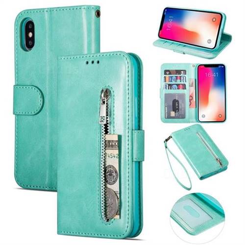 Retro Calfskin Zipper Leather Wallet Case Cover for iPhone XS / iPhone X(5.8 inch) - Mint Green