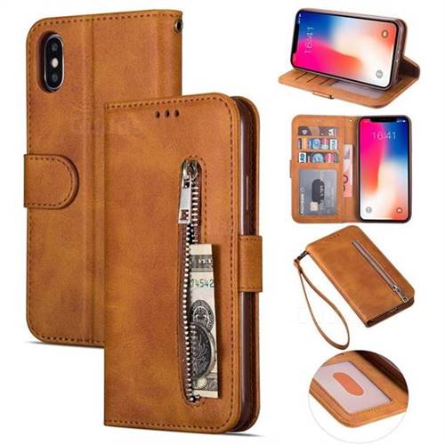 Retro Calfskin Zipper Leather Wallet Case Cover for iPhone XS / iPhone X(5.8 inch) - Brown