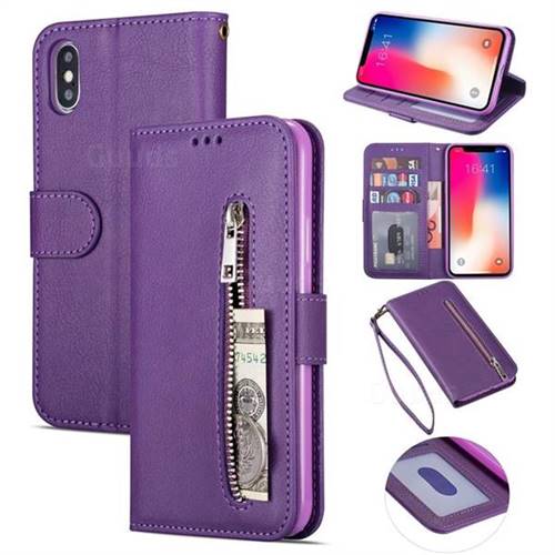 Retro Calfskin Zipper Leather Wallet Case Cover for iPhone XS / iPhone X(5.8 inch) - Purple