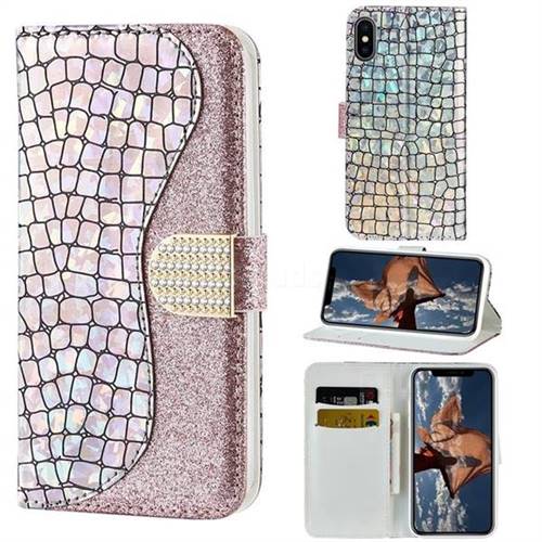 Glitter Diamond Buckle Laser Stitching Leather Wallet Phone Case for iPhone XS / iPhone X(5.8 inch) - Pink