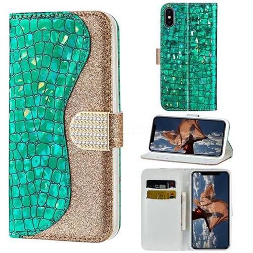 Glitter Diamond Buckle Laser Stitching Leather Wallet Phone Case for iPhone XS / iPhone X(5.8 inch) - Green
