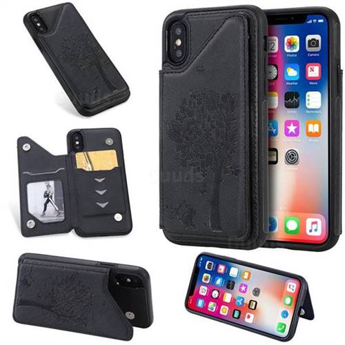 Luxury Tree and Cat Multifunction Magnetic Card Slots Stand Leather Phone Back Cover for iPhone XS / iPhone X(5.8 inch) - Black