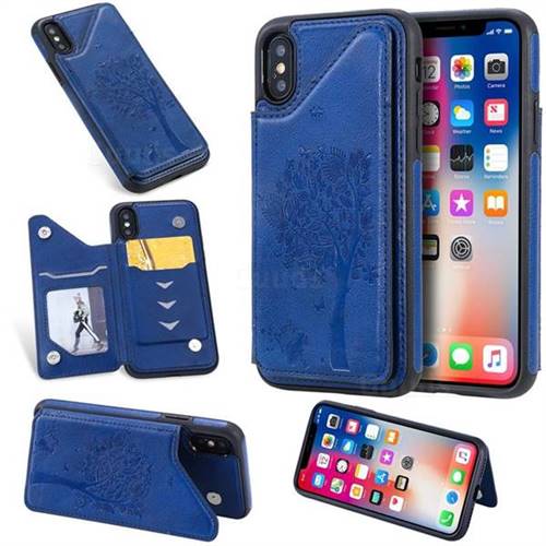 Luxury Tree and Cat Multifunction Magnetic Card Slots Stand Leather Phone Back Cover for iPhone XS / iPhone X(5.8 inch) - Blue