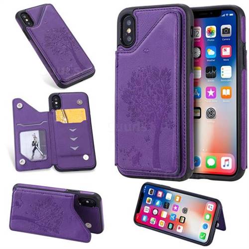 Luxury Tree and Cat Multifunction Magnetic Card Slots Stand Leather Phone Back Cover for iPhone XS / iPhone X(5.8 inch) - Purple