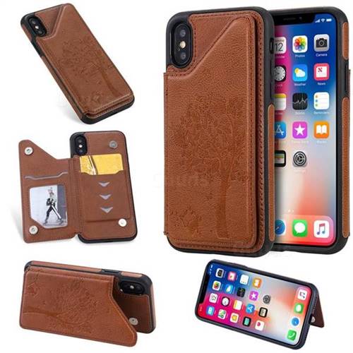 Luxury Tree and Cat Multifunction Magnetic Card Slots Stand Leather Phone Back Cover for iPhone XS / iPhone X(5.8 inch) - Brown