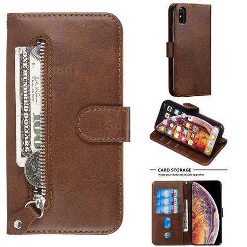 Retro Luxury Zipper Leather Phone Wallet Case for iPhone XS / iPhone X(5.8 inch) - Brown
