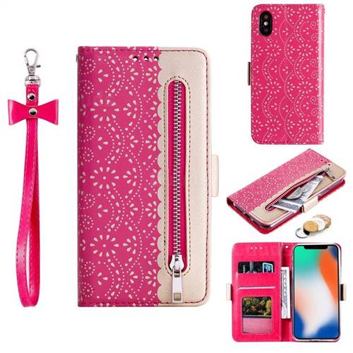 Luxury Lace Zipper Stitching Leather Phone Wallet Case for iPhone XS / iPhone X(5.8 inch) - Rose