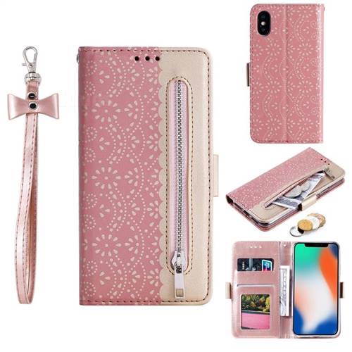 Luxury Lace Zipper Stitching Leather Phone Wallet Case for iPhone XS / iPhone X(5.8 inch) - Pink